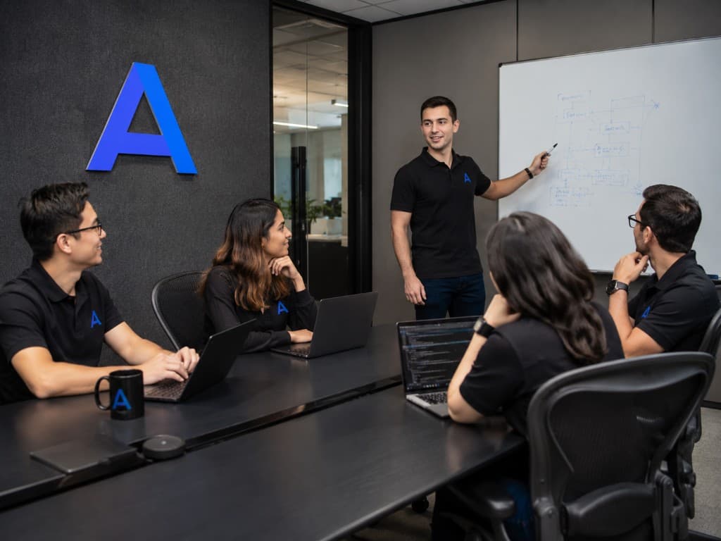 Aurexillion team collaborating at a whiteboard during a planning session