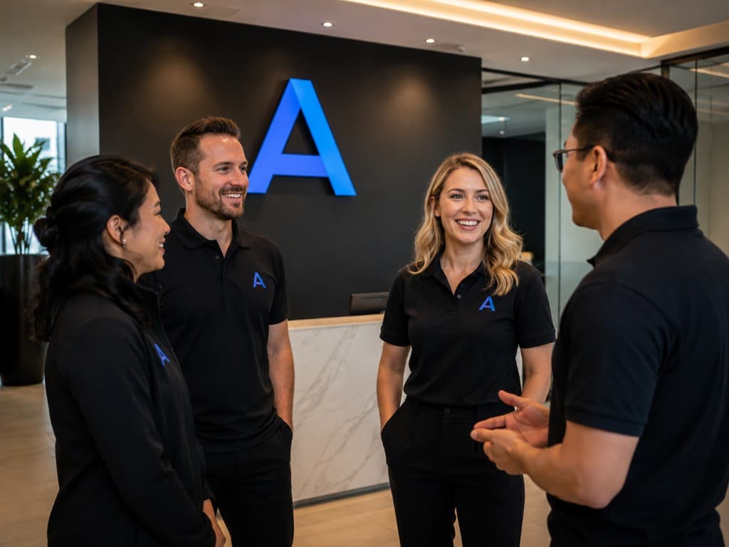 Aurexillion team members collaborating in the office lobby